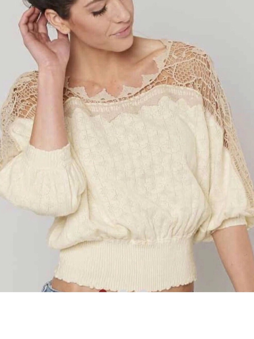 FREE PEOPLE Love Lace cream crochet and knit peasant pullover